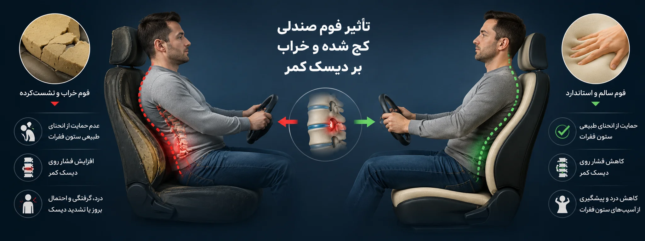 تاثیر فوم صندلی ماشین بر روی دیسک کمر